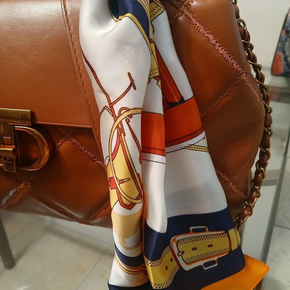 Brown Leather Bag with Printed Scarf